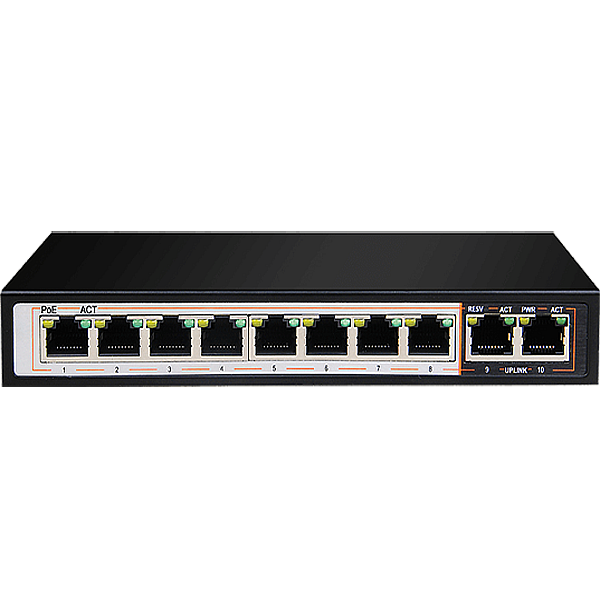 10-port 10/100/1000Base-T Unmanaged Long Range 250m PoE+ Surveillance Switch with 8 PoE ports, 96W PoE Power budget (UK Plug) DGS-F1010P